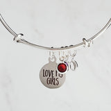 Mom Bracelet, mom to girls bracelet, daughter bracelet, LOVE MY GIRLS bracelet, birthstone bracelet, silver wire bangle, sisters keepsake - Constant Baubling