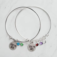 Mom Bracelet, mom to girls bracelet, daughter bracelet, LOVE MY GIRLS bracelet, birthstone bracelet, silver wire bangle, sisters keepsake - Constant Baubling