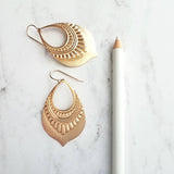 Gold Tribal Earrings, large medallion earring, 14K solid gold hook, gold teardrop earring, lightweight earring big gold earring boho earring - Constant Baubling