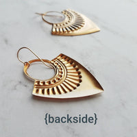 Shield Earrings - 14k gold fill ear wire hooks w/ raised design tribal spear shape medallions in raw brass - jewelry handmade in Michigan - Constant Baubling