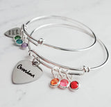 Grandma Bracelet, birthstone bracelet, silver adjustable bangle, mothers day gift, grandchildren, memento bracelet, keepsake gift, charm - Constant Baubling