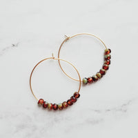 Beaded Hoop Earrings - tortoise glass on delicate thin gold circles in brown/sage olive green, dainty simple earring, everyday jewelry - Constant Baubling