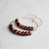 Beaded Hoop Earrings - tortoise glass on delicate thin gold circles in brown/sage olive green, dainty simple earring, everyday jewelry - Constant Baubling