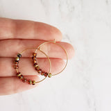 Beaded Hoop Earrings - tortoise glass on delicate thin gold circles in brown/sage olive green, dainty simple earring, everyday jewelry - Constant Baubling