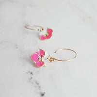 Little Flower Earrings, 14k gold fill hook, pansy earring, pink white earring, pink flower earring, enamel flower, small flower earring - Constant Baubling