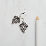 Silver Medallion Earrings, ornate silver drops, antique silver dangle, small fancy leaf, silver damask, intricate design, silver Bohemian - Constant Baubling