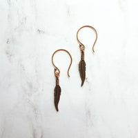 Copper Feather Earrings, long copper earring, narrow feather earring, antique copper feather, oxidized copper dangle, thin tribal boho - Constant Baubling