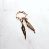 Copper Feather Earrings, long copper earring, narrow feather earring, antique copper feather, oxidized copper dangle, thin tribal boho - Constant Baubling