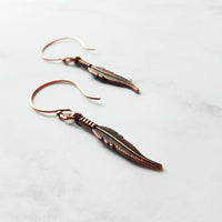 Copper Feather Earrings, long copper earring, narrow feather earring, antique copper feather, oxidized copper dangle, thin tribal boho - Constant Baubling