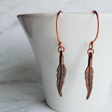 Copper Feather Earrings, long copper earring, narrow feather earring, antique copper feather, oxidized copper dangle, thin tribal boho - Constant Baubling