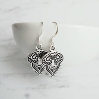 Silver Medallion Earrings, ornate silver drops, antique silver dangle, small fancy leaf, silver damask, intricate design, silver Bohemian - Constant Baubling