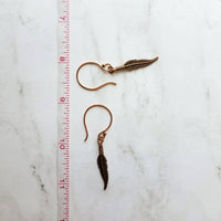 Copper Feather Earrings, long copper earring, narrow feather earring, antique copper feather, oxidized copper dangle, thin tribal boho - Constant Baubling