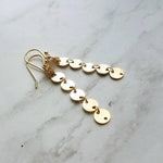 Gold Circle Earrings, connected circle earring, gold disk earring, gold sequin earring, small gold circle earring, gold tag earring, long - Constant Baubling