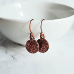 Copper Tag Earrings - small hammered antique/aged finish round rust brown disc on little simple ball ear hook - lightweight/minimalist - Constant Baubling