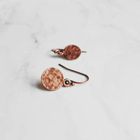 Copper Tag Earrings - small hammered antique/aged finish round rust brown disc on little simple ball ear hook - lightweight/minimalist - Constant Baubling