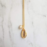 Gold Cowrie Shell Necklace - seashell necklace, cowrie necklace, pearl necklace, beach necklace, gold shell necklace, pearl pendant, charm - Constant Baubling