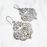 Large White Earrings - filigree Moroccan mottled patina over bronze - thin lightweight intricate design - chic trendy large medallion - Constant Baubling