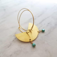 Gold Hoop Earrings, gold half circle earring, thin hoops, gold circle earring, semicircle earring tiny turquoise blue cube bead dangle large - Constant Baubling