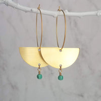 Gold Hoop Earrings, gold half circle earring, thin hoops, gold circle earring, semicircle earring tiny turquoise blue cube bead dangle large - Constant Baubling