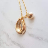 Gold Cowrie Shell Necklace - seashell necklace, cowrie necklace, pearl necklace, beach necklace, gold shell necklace, pearl pendant, charm - Constant Baubling