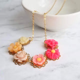 Flower Necklace - colorful ombre floral charms on scalloped gold setting - hot pink fuchsia to cream white - lacy pretty feminine rose daisy - Constant Baubling