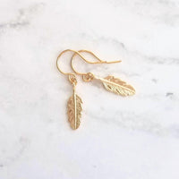 Gold Feather Earring, tiny feather earrings, little feather dangle, small gold feather earring, 14K solid gold or gold fill hooks opt, leaf - Constant Baubling