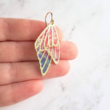 Large Wing Earrings, solid gold hooks, 14K gold fill hooks, sheer fabric earring, rainbow butterfly earring, angel wing, colorful wings - Constant Baubling