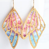 Large Wing Earrings, solid gold hooks, 14K gold fill hooks, sheer fabric earring, rainbow butterfly earring, angel wing, colorful wings - Constant Baubling