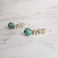 Silver Turquoise Earrings, turquoise stone earring, tiny ball cluster earring, stone dangle earring, Southwestern earring, gemstone earring - Constant Baubling