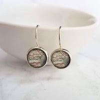 Detroit Michigan Jewelry - silver leverback hook earrings with tiny metro area city map - Livonia Berkley Wayne Dearborn Highland Park gift - Constant Baubling