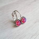 Pink Red Drusy Earring - rough bumpy faux rock druzy/hypoallergenic stainless steel latching leverback - jagged iridescent stone imitation - Constant Baubling