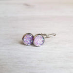 Purple Rock Earrings - light lilac rough bumpy faux rock drusy on steel latching leverback - jagged iridescent drusy stone imitation - Constant Baubling