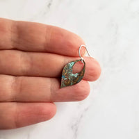 Earthy Earrings, verdigris patina drop, open teardrop, small lightweight earring, blue green aqua brown, silver, gold, copper, bronze hooks - Constant Baubling