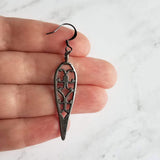 Long Gunmetal Earrings - cathedral style blackened silver filigree design w/ inverted teardrop shape - lightweight handmade everyday jewelry - Constant Baubling