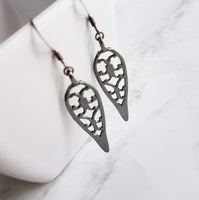 Long Gunmetal Earrings - cathedral style blackened silver filigree design w/ inverted teardrop shape - lightweight handmade everyday jewelry - Constant Baubling