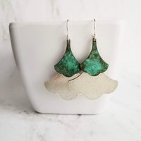 Large Leaf Earrings, .925 sterling silver hook, Asian earrings, double gingko earrings, patina earrings, mottled blue green earrings, rustic - Constant Baubling