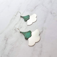 Large Leaf Earrings, .925 sterling silver hook, Asian earrings, double gingko earrings, patina earrings, mottled blue green earrings, rustic - Constant Baubling