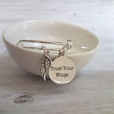 Graduation Jewelry - silver adjustable bangle double loop wire bracelet - Trust Your Wings charm - motivation, fly, encourage, take chances - Constant Baubling