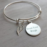 Graduation Jewelry - silver adjustable bangle double loop wire bracelet - Trust Your Wings charm - motivation, fly, encourage, take chances - Constant Baubling