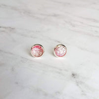 Pink Glitter Stud Earrings - glitter ombre gradient facet cut in little round silver bezel - small simple sparkling everyday jewelry - Constant Baubling