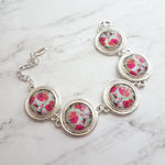 Watercolor Print Bracelet - silver charm style floral colorful pastel round bezels- adjustable chunky - unique flower garden/leaves - Constant Baubling