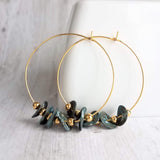 Gold Hoop Earrings, blue green aqua earrings, verdigris patina earrings, eucalyptus leaves, disk earrings, large hoop earring, disks on hoop - Constant Baubling