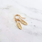 Gold Feather Earring, tiny feather earrings, little feather dangle, small gold feather earring, 14K solid gold or gold fill hooks opt, leaf - Constant Baubling