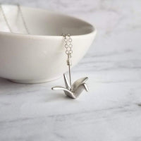 Origami Crane Necklace, gold origami pendant, origami necklace, gold crane pendant, silver crane pendant folded paper style metal bird charm - Constant Baubling