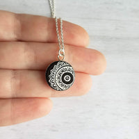 Mandala Necklace, black white necklace, mandala pendant, etched wood, yoga pendant, Hindu necklace, Buddhist, meditation symbol silver chain - Constant Baubling