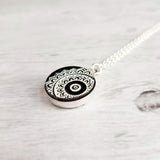 Mandala Necklace, black white necklace, mandala pendant, etched wood, yoga pendant, Hindu necklace, Buddhist, meditation symbol silver chain - Constant Baubling