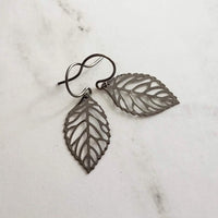 Gunmetal Leaf Earrings, shiny black earring, silver black leaves, small black earring, delicate leaf, black filigree earring little gunmetal - Constant Baubling