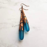 Long Copper Sea Glass Earrings - frosted elongated narrow teal blue teardrop in ornate lacy filigree oxidized antiqued thin cone wrap 3 inch - Constant Baubling