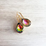 Swarovski Crystal Teardrop Earrings, large crystal earring, rainbow crystal earring, jewel tone earrings, gold crystal earring, vitrail drop - Constant Baubling