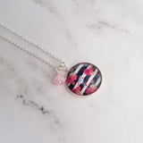 Navy White Stripe Necklace - floral overlay round 1 inch pendant/baby pink glass flower charm - thin silver chain - tween/teen girl gift - Constant Baubling